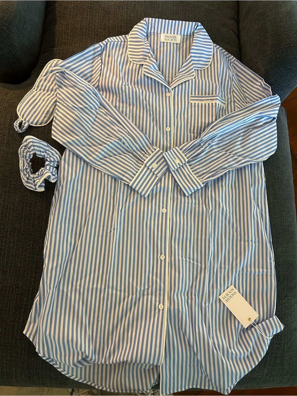 Women's Blue & White Striped Button-Down Sleep Shirt